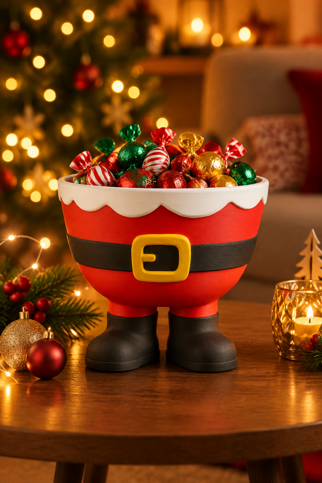 Santa legs sweet bowl displayed in warm evening Christmas lighting