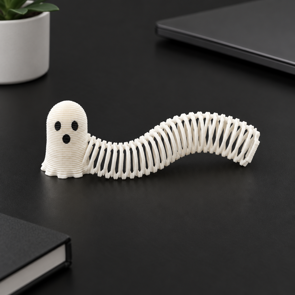 White ghost-shaped spring toy extended across a matte black desk