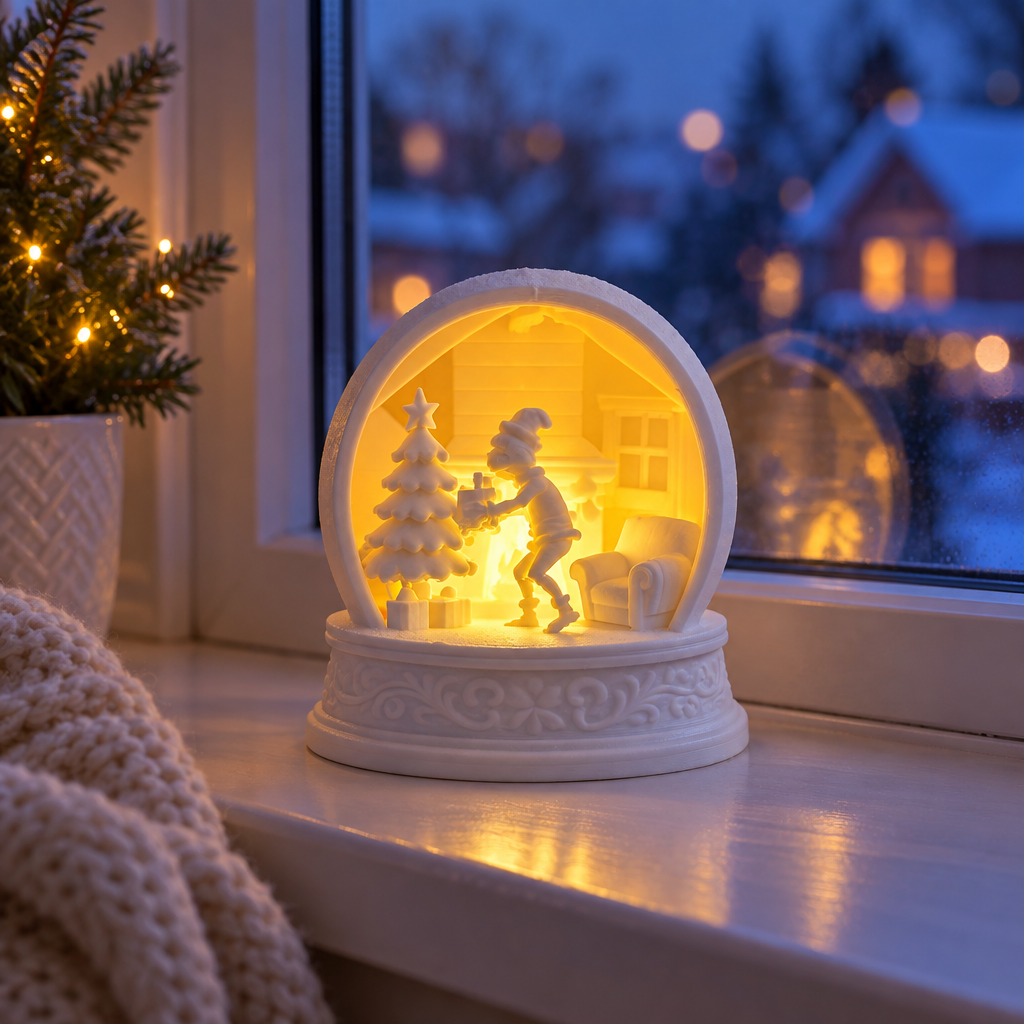 White Grinch tealight holder glowing on a winter windowsill at dusk
