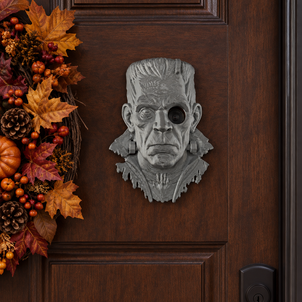 Frankenstein peephole decoration on walnut door