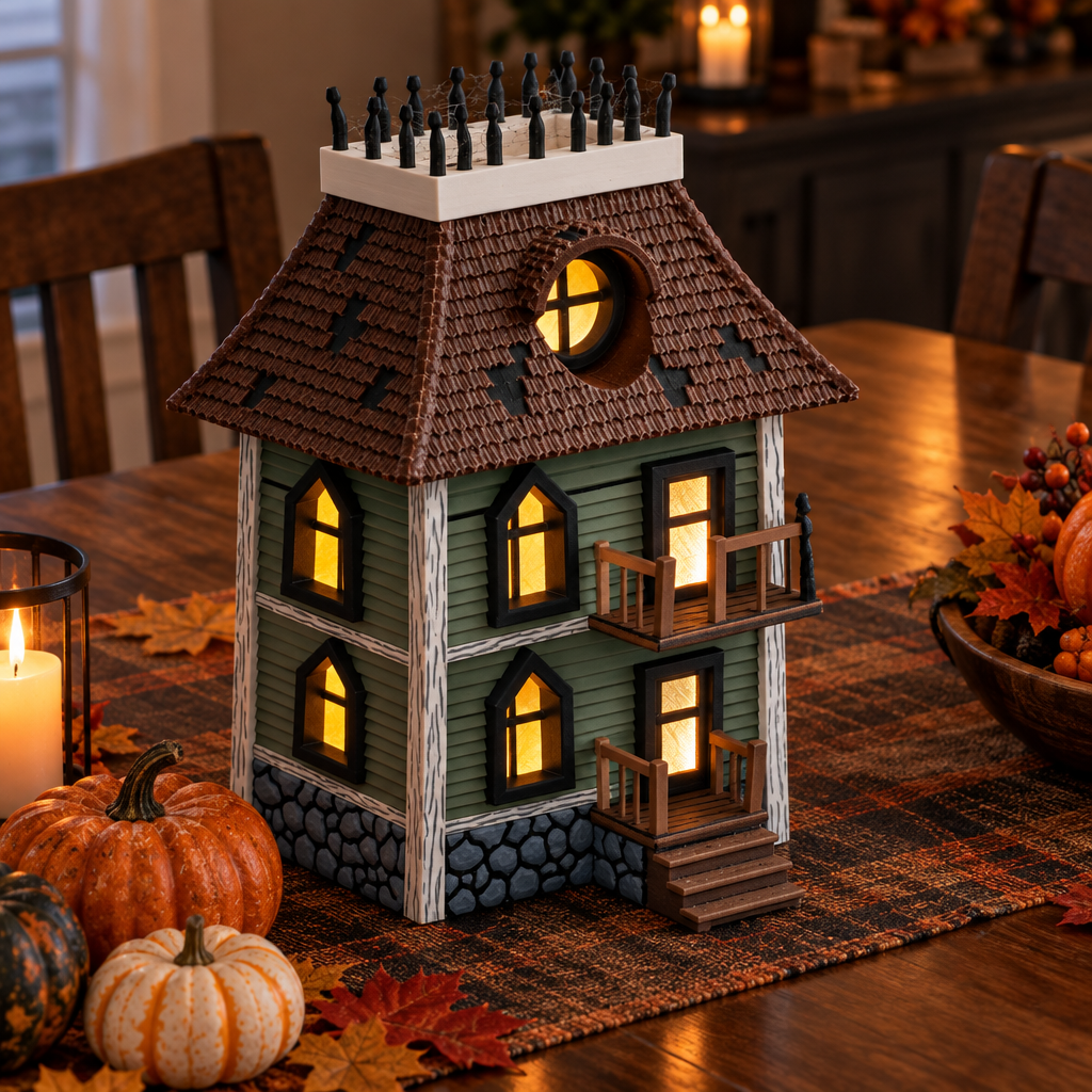 Haunted house on autumn dining table