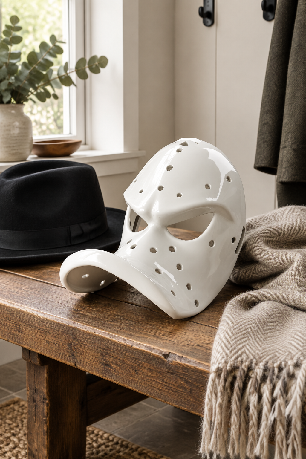 White perforated Duck Bill Mask on a rustic entryway bench