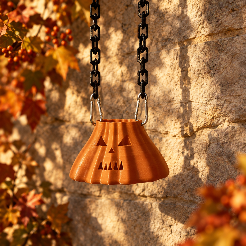 Brown pumpkin-shaped bag hanging from its black chains against a textured stone wall
