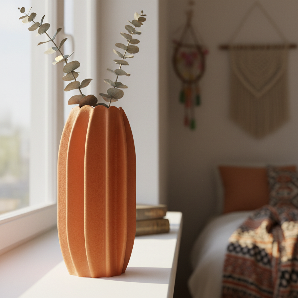 Elegant Finned Decorative Vase on window sill with eucalyptus