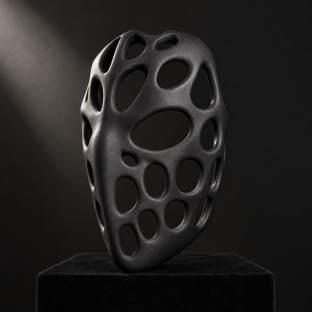 Black hollow Voronoi Mask on a velvet plinth, no strap included