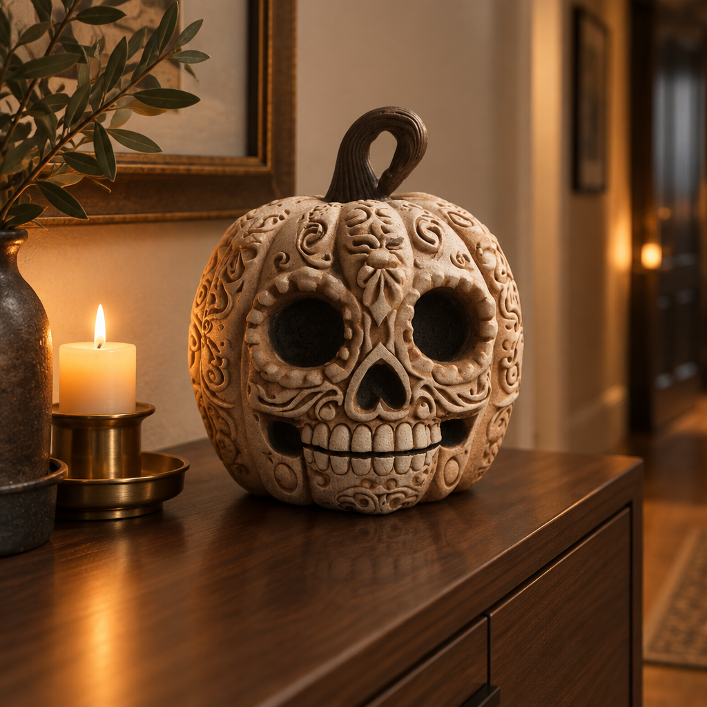 Pumpkin skull ornament on a walnut hallway console beside a candle in warm evening light