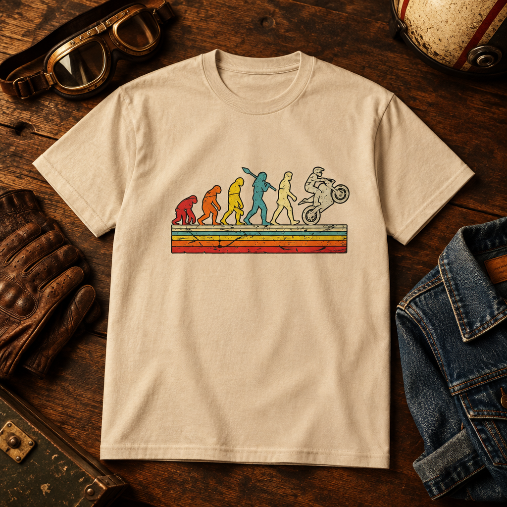 Beige Evolution of the Motorcyclist T-shirt with motorcycle-inspired accessories