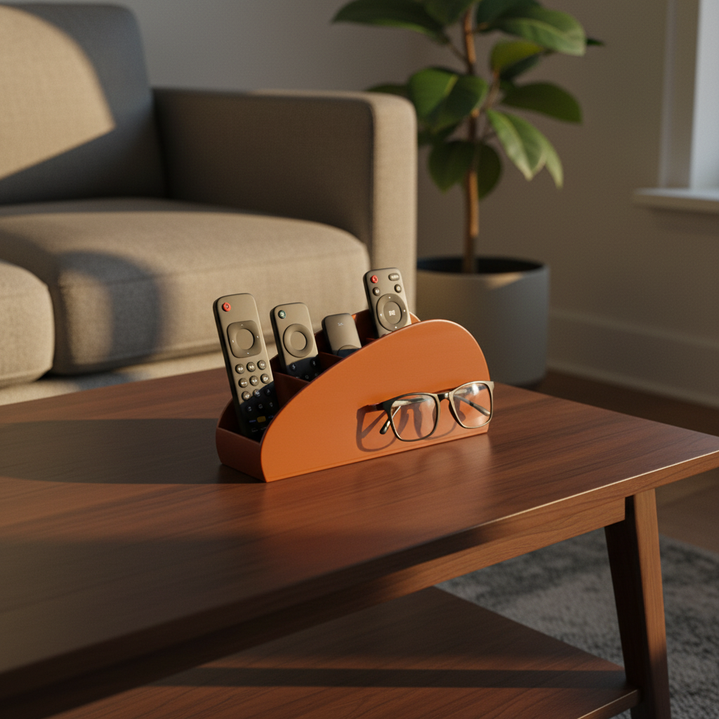 Curved Remote Control Organiser in orange — lifestyle shot on dark walnut coffee table, warm living room