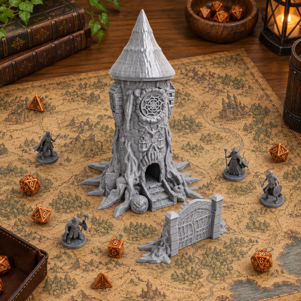 Overhead view of the Halloween dice tower among a fantasy map, minis and dice