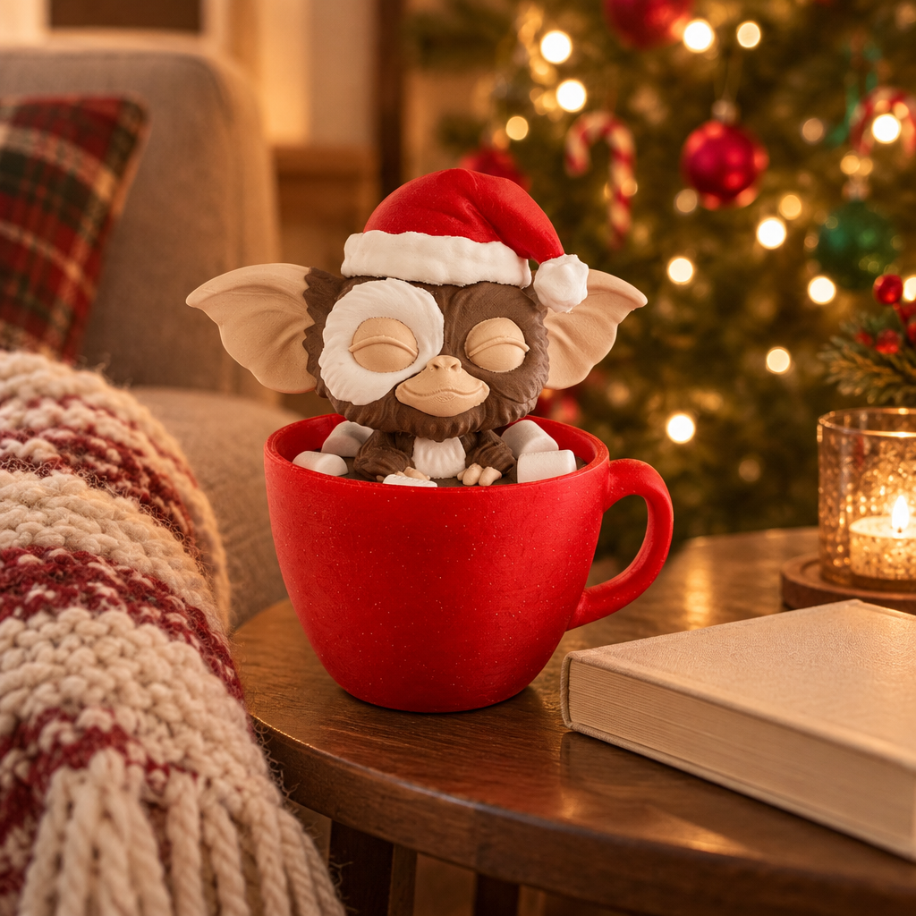 Gizmo Christmas ornament in a reading nook beside a book and soft throw