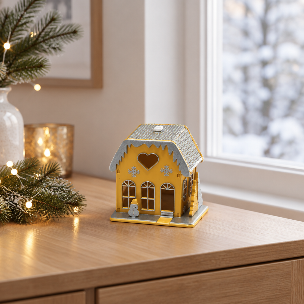 Yellow miniature Christmas house on a sideboard beside a winter window