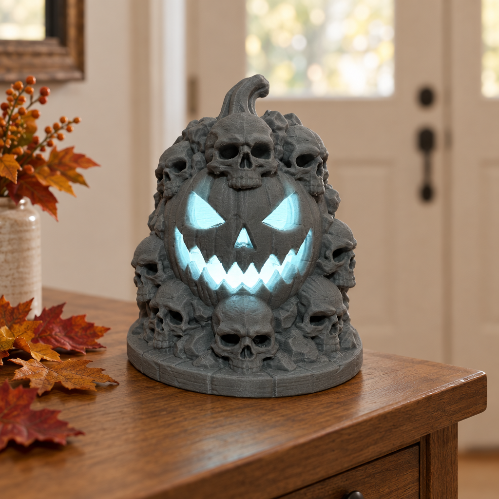 Grey Skull Mountain tealight holder on an entryway console beside autumn leaves