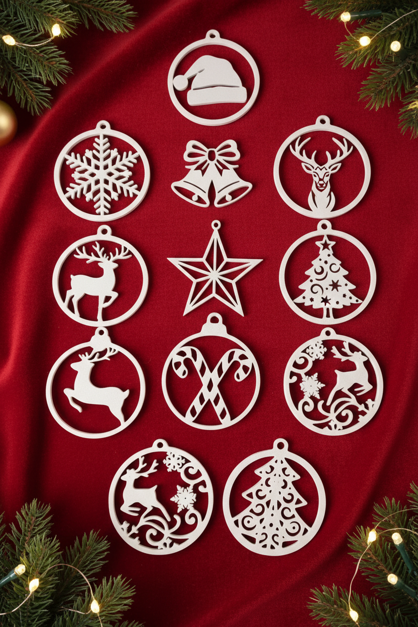 10 piece white plastic filigree Christmas bauble ornament set flat lay pyramid Christmas tree shape on red velvet all 10 designs overhead editorial hero