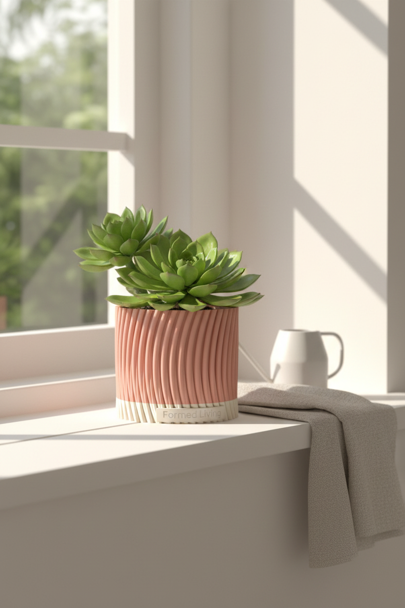 Modern Twist Self-Watering Planter pink on windowsill with morning light