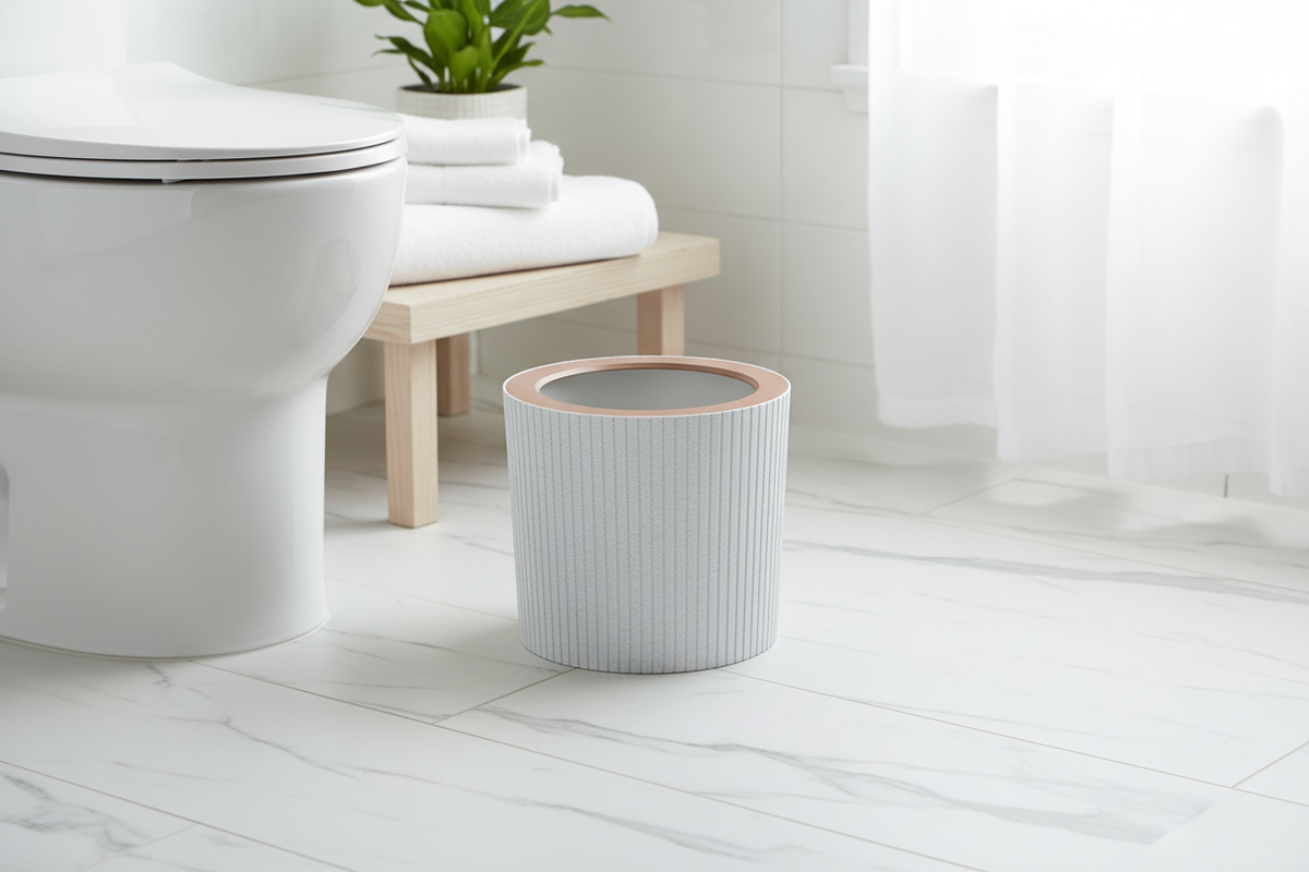 Trash Bin Striped in a modern marble bathroom next to folded towels and a plant
