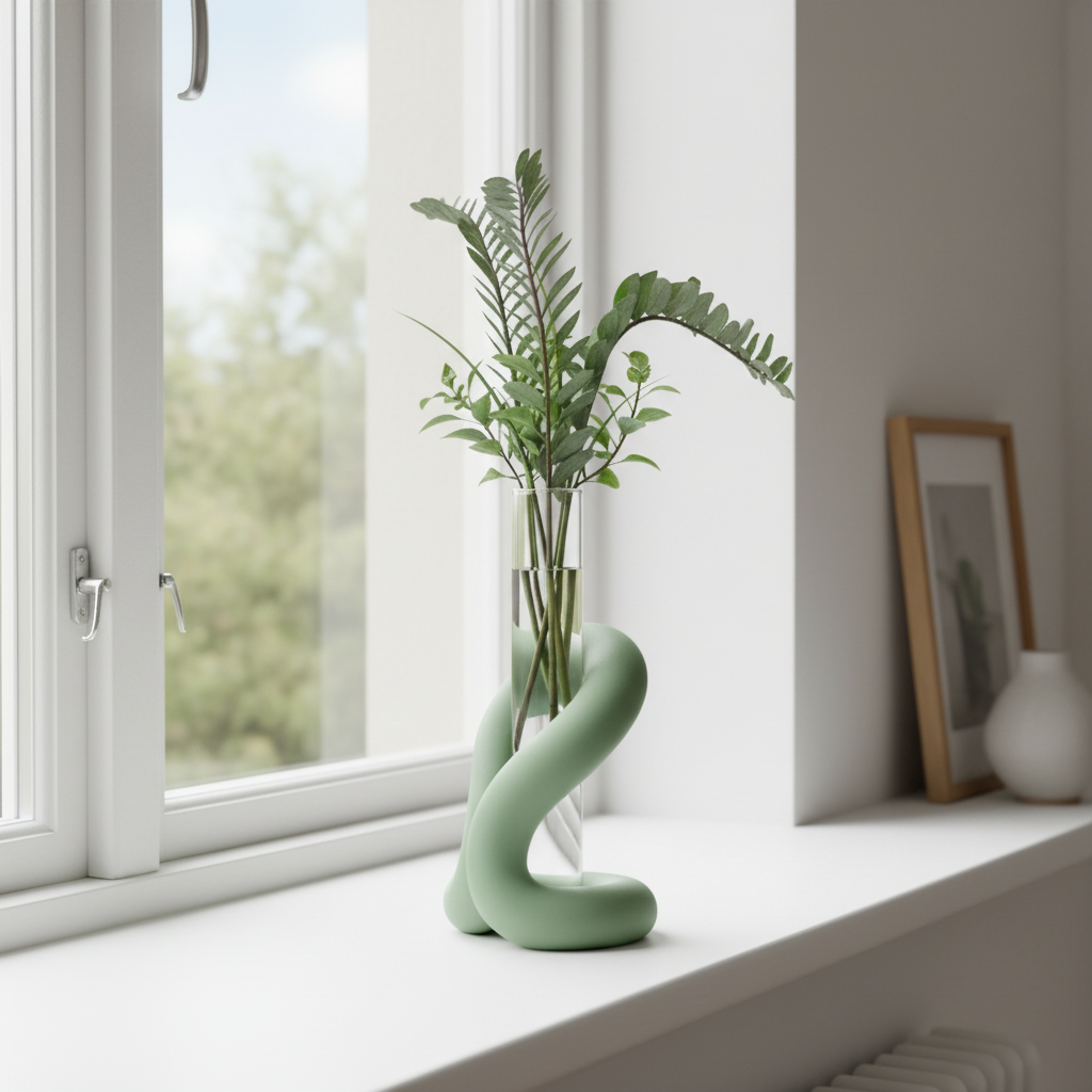 Sage green loop stand on bright windowsill - lifestyle