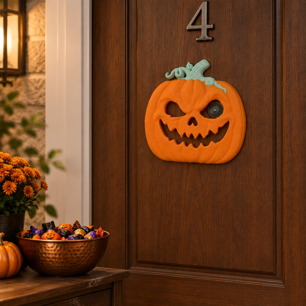 Pumpkin peephole decoration by Halloween candy table