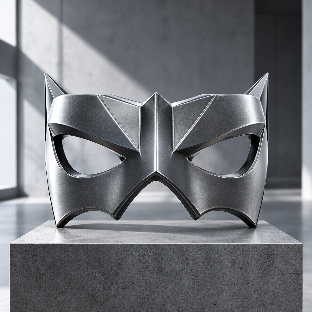Silver geometric Shadow Sentinel mask in a contemporary gallery, strap not included