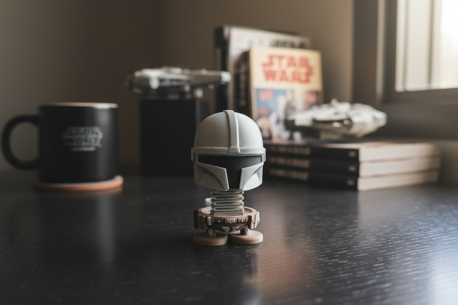Star Wars The Mandalorian Springie on a dark wooden desk in a moody home office with warm side lighting