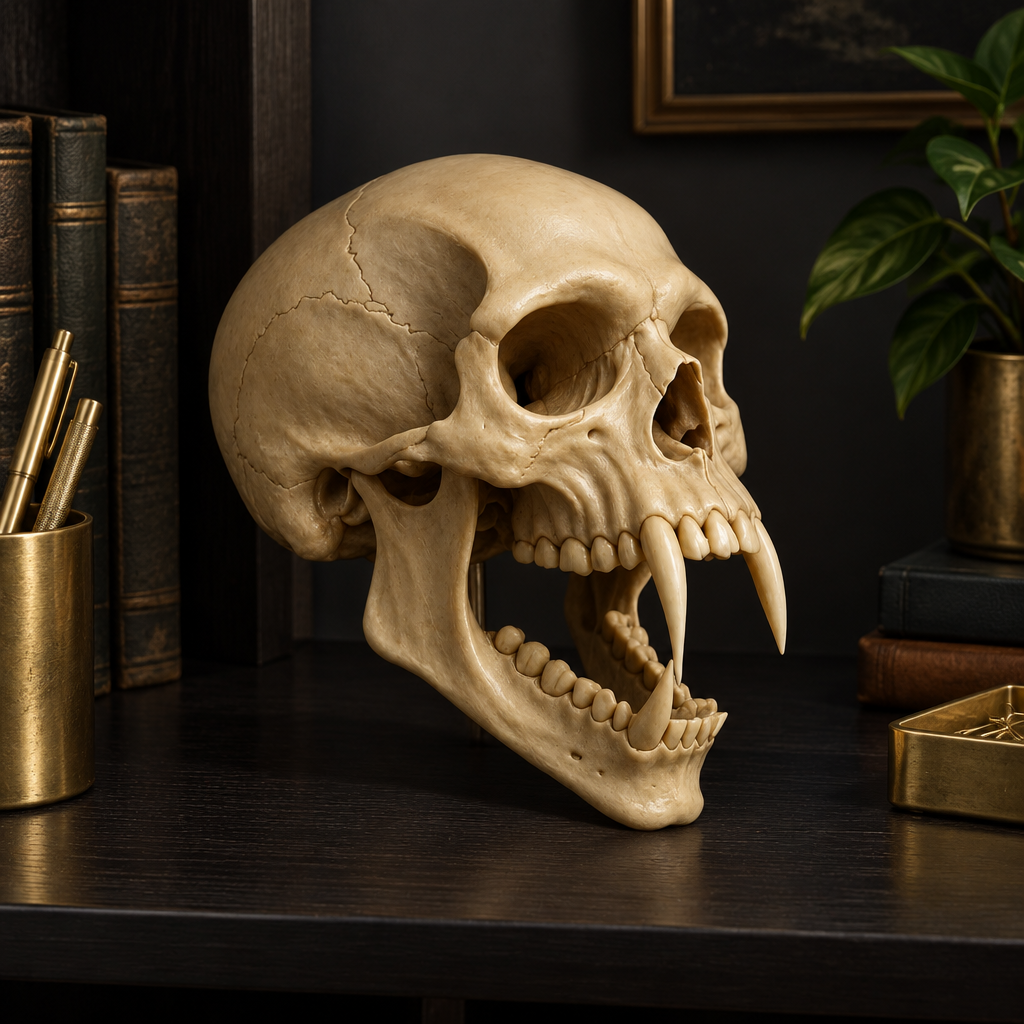 Cracked pale vampire skull with prominent fangs resting on a dark desk shelf