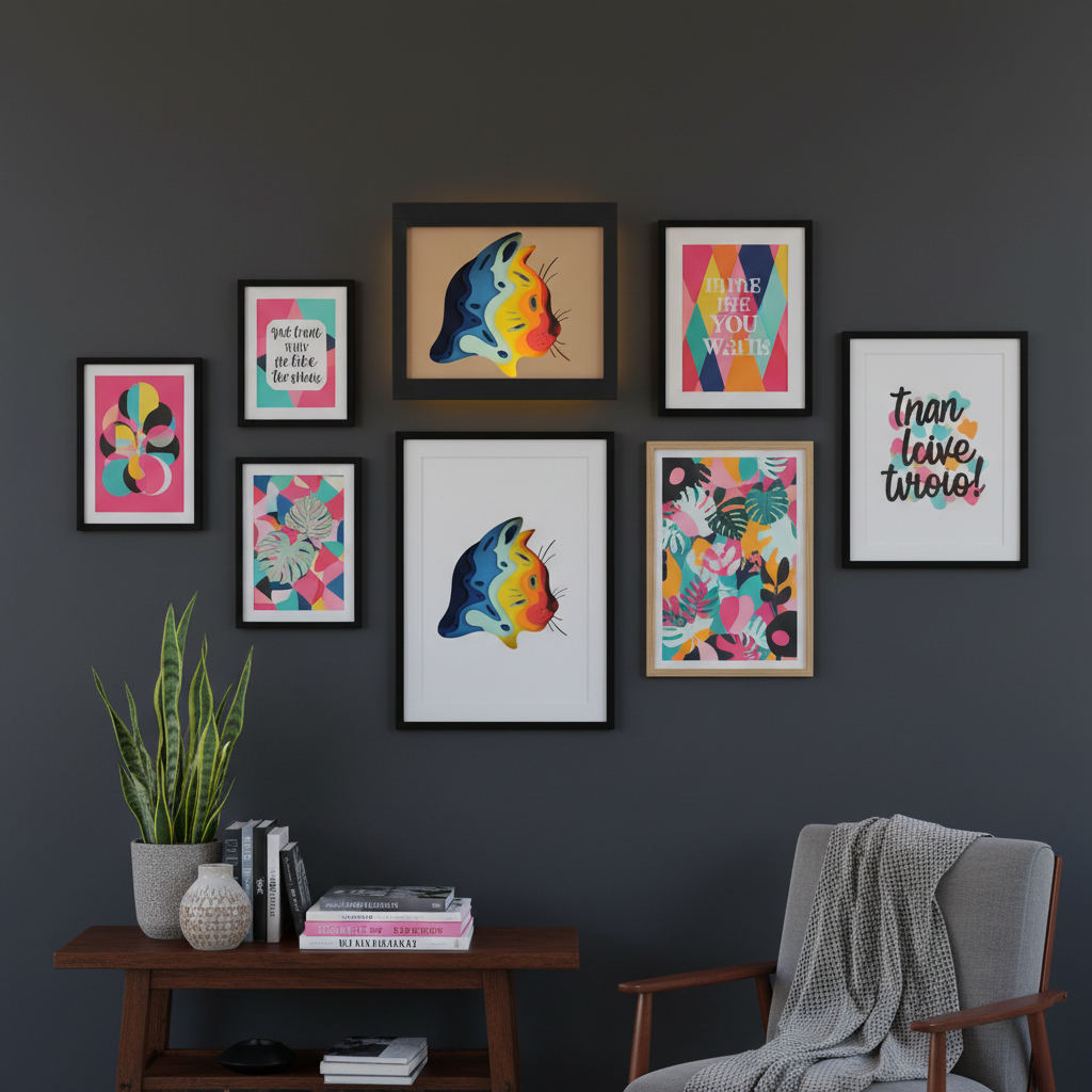 Cat Shadow Box displayed on a dark gallery wall alongside other colourful art prints