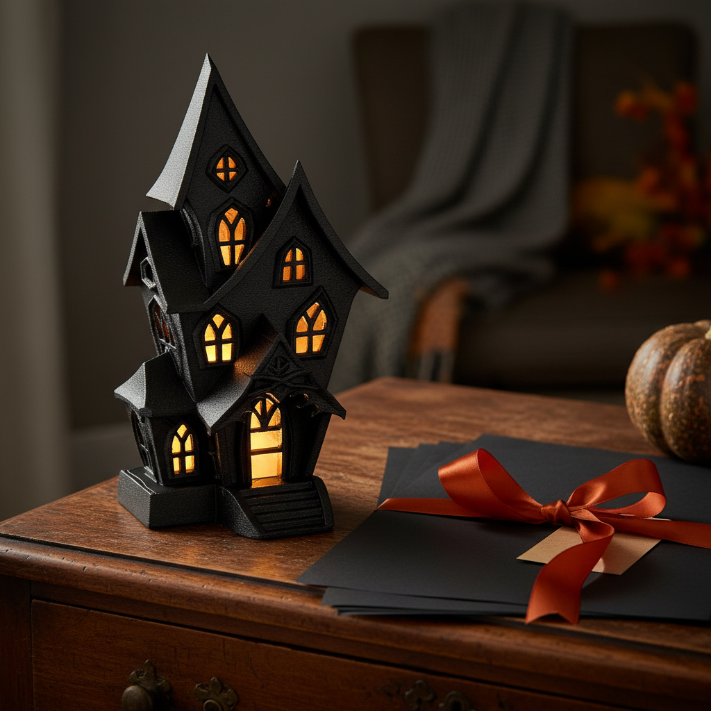 Haunted house tealight holder as a Halloween gift display