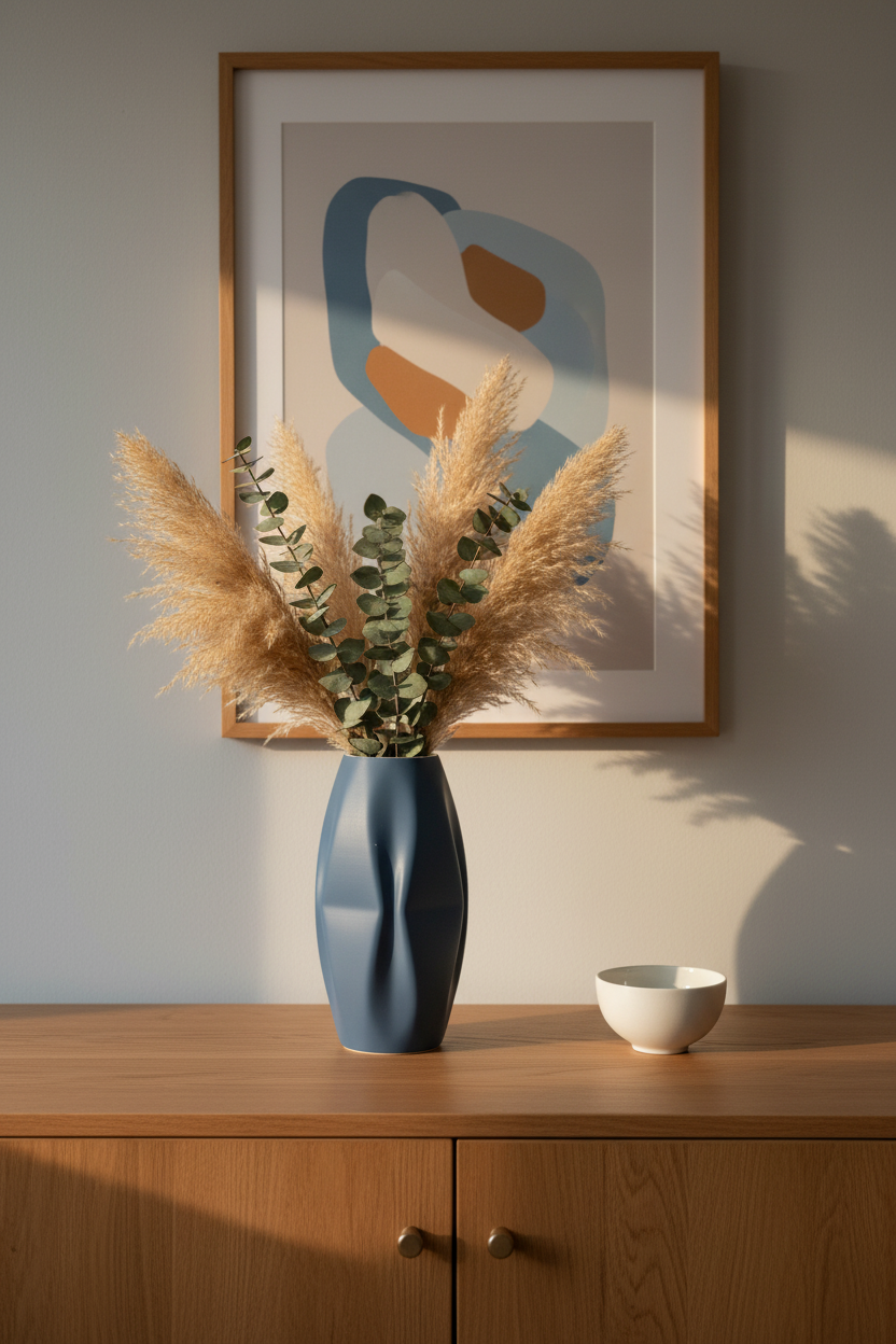 Slate blue quad ripple vase with pampas grass and eucalyptus on oak sideboard Scandinavian living room lifestyle