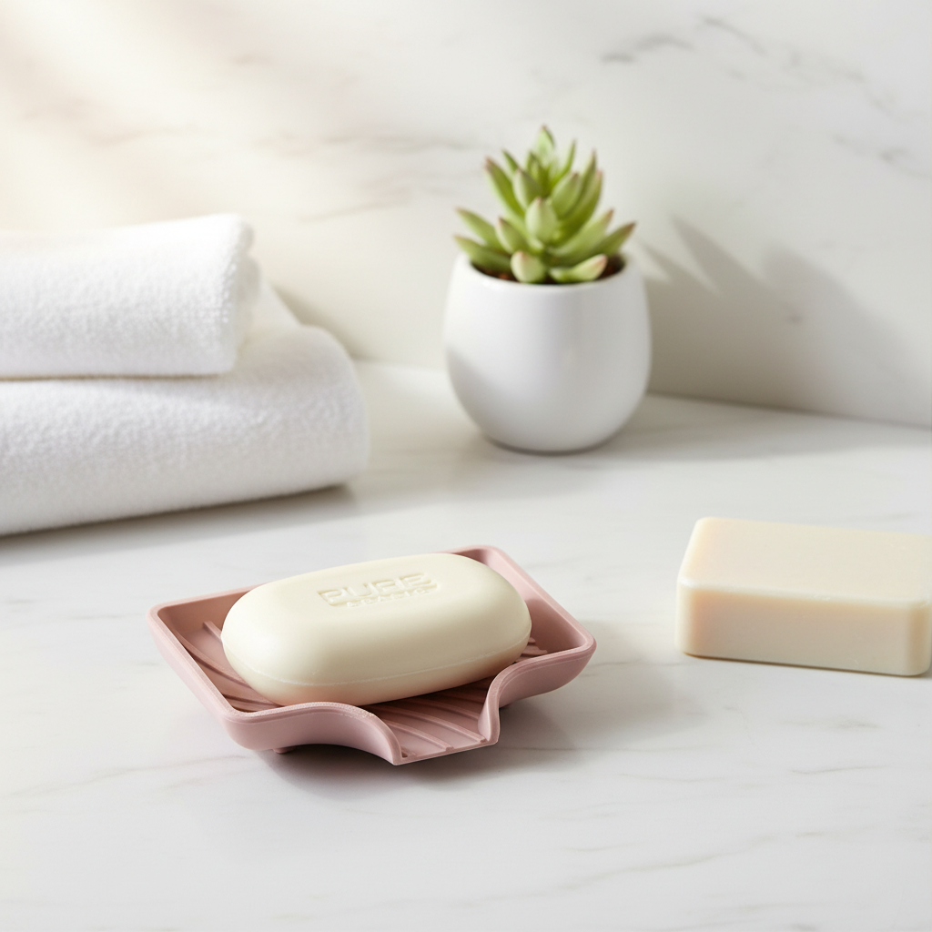 Dusty pink curved soap dish on white bathroom counter with bar of soap, plant and folded towels