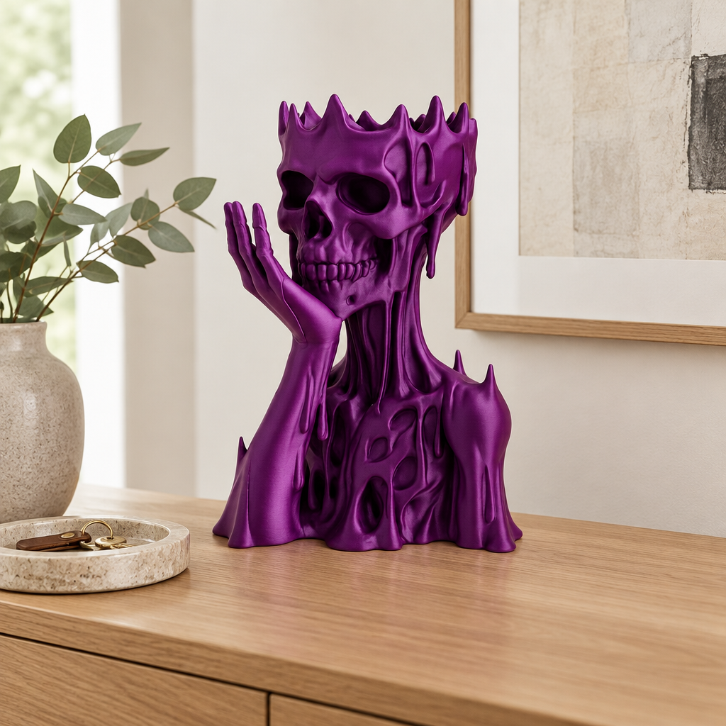 Purple skull and upper torso ornament styled on an oak entryway console.