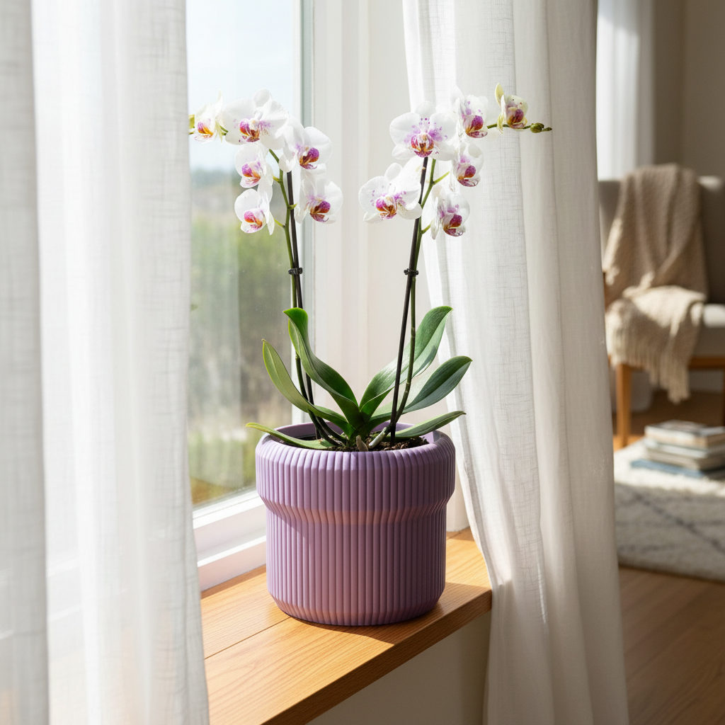 Dusty purple Venlo ribbed planter with a flowering orchid on a bright sunny windowsill
