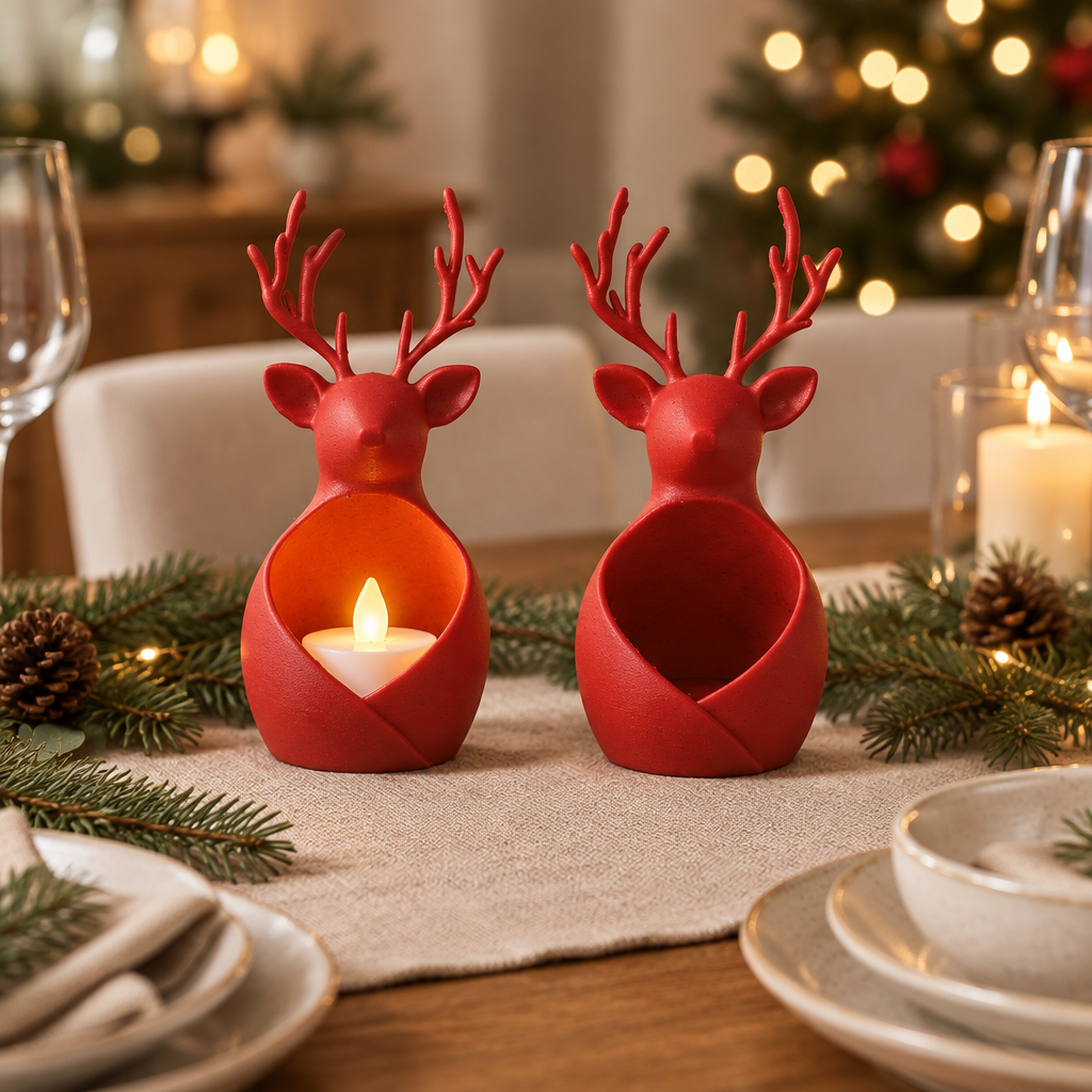 Red reindeer tealight holders displayed on a festive dining table