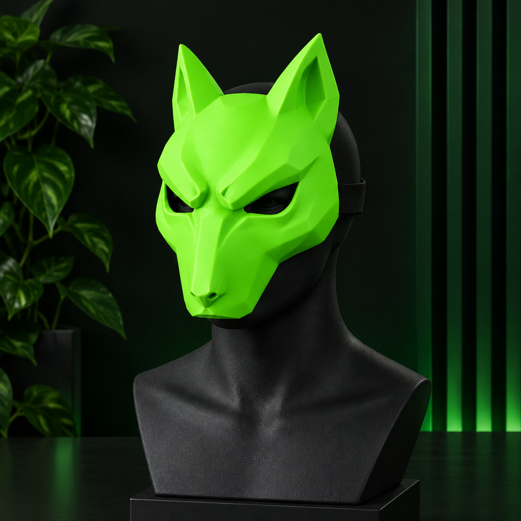 Neon green Kitsune Wolf Mask displayed on a dark bust