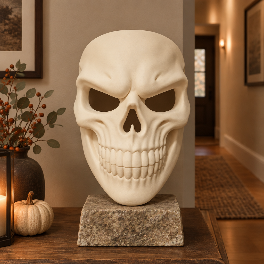 Beige Grinning Skull Mask on a stone display stand in a warmly lit hallway.