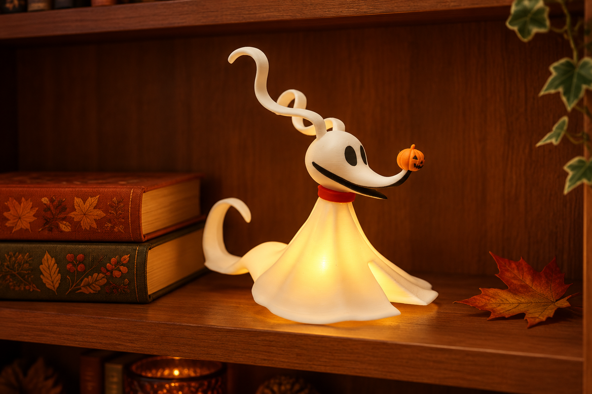 White ghost dog tealight holder on a cozy Halloween bookshelf with autumn books