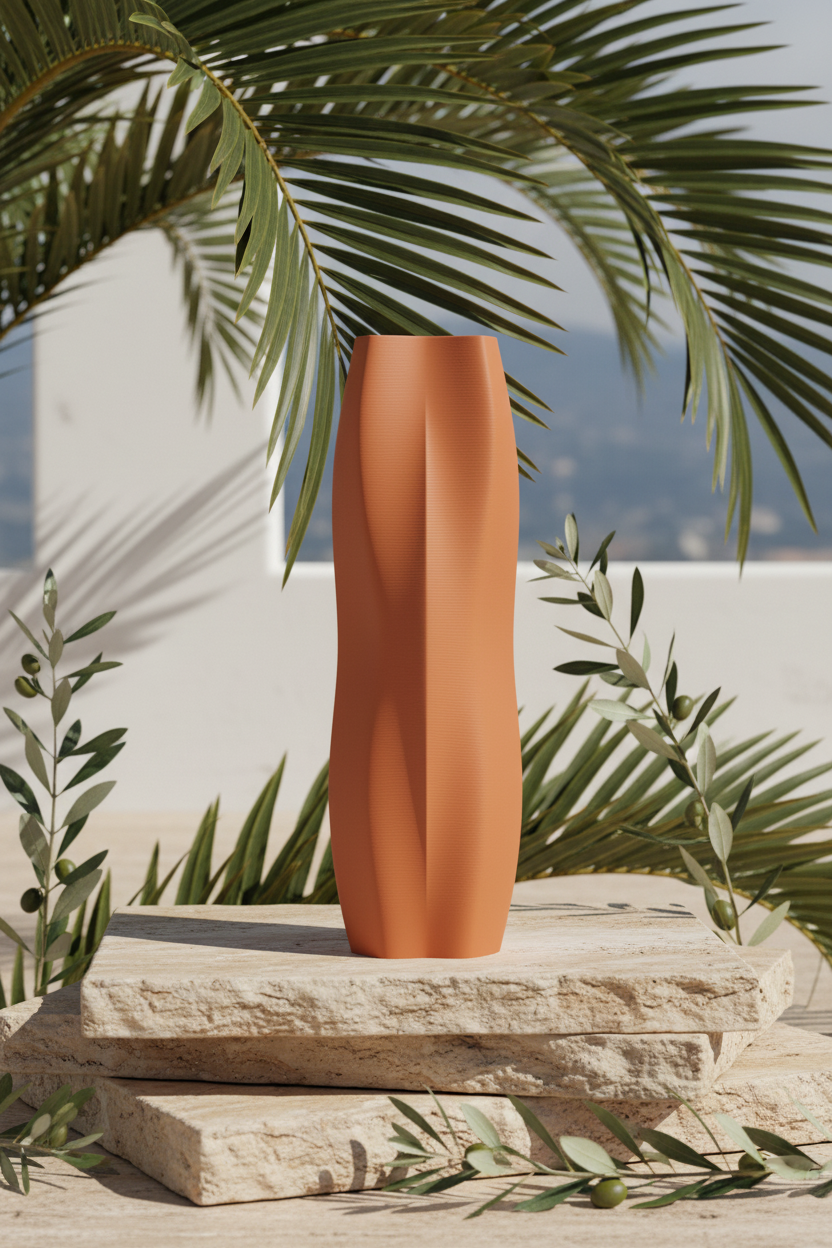 Terracotta Yoga Flow vase on travertine with palm fronds - lifestyle