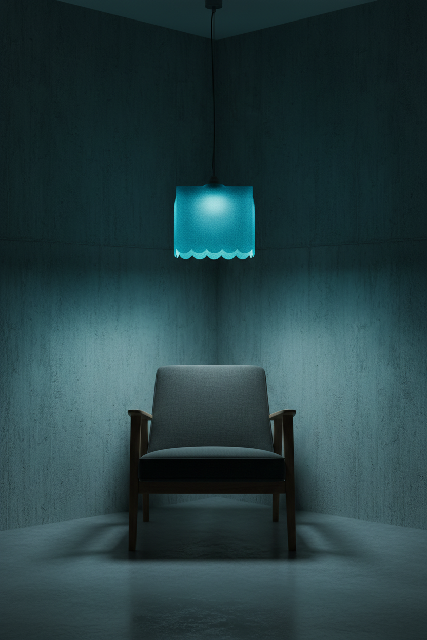 Electric cyan awning lampshade glowing in a dark moody living room corner