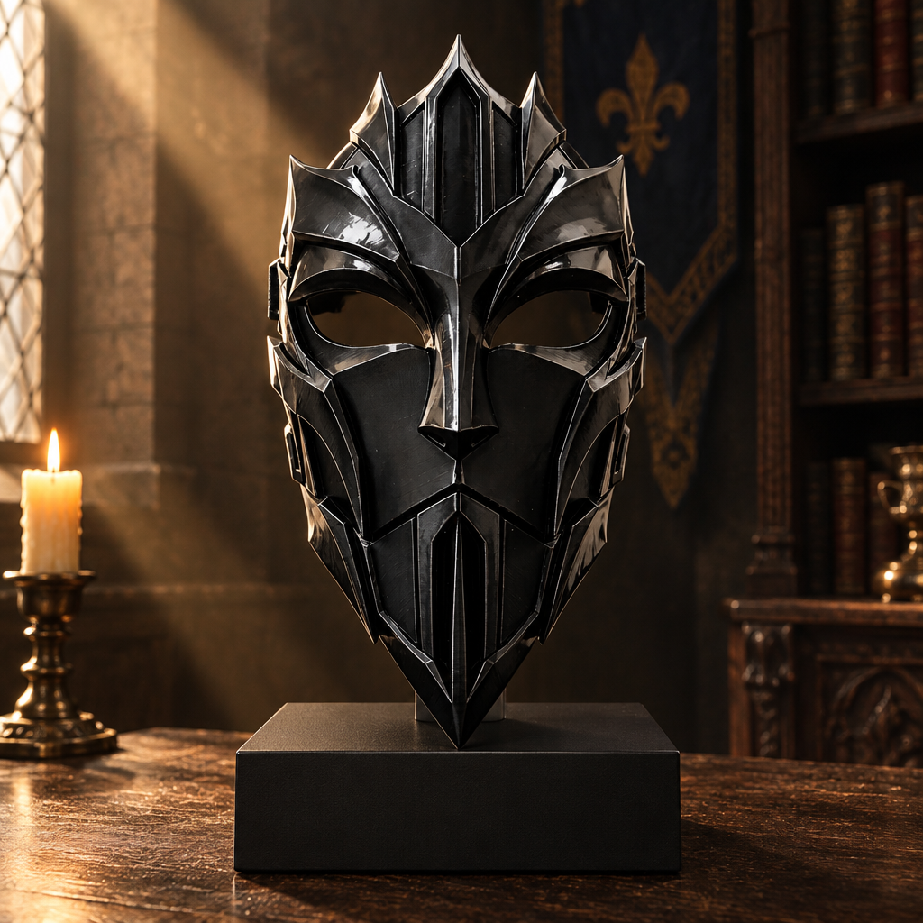 Black Cathedral Knight mask displayed in a medieval-inspired study, no strap included