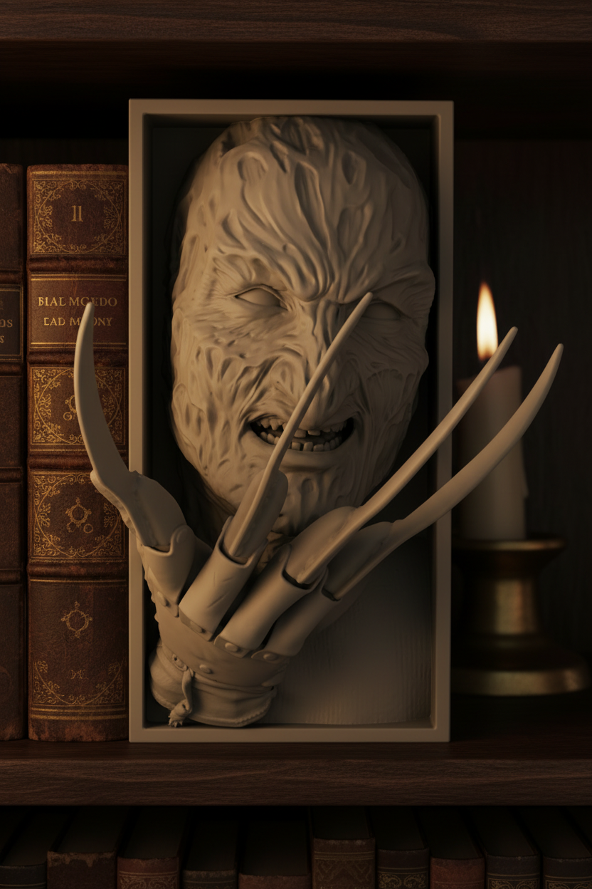 Freddy Krueger book nook relief sculpture grey framed box dark wooden bookshelf vintage leather hardcover books atmospheric moody Halloween library candlelight portrait