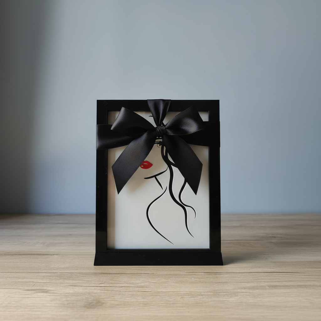 Woman's Face Shadow Box presented as a gift with black ribbon and bow on a table