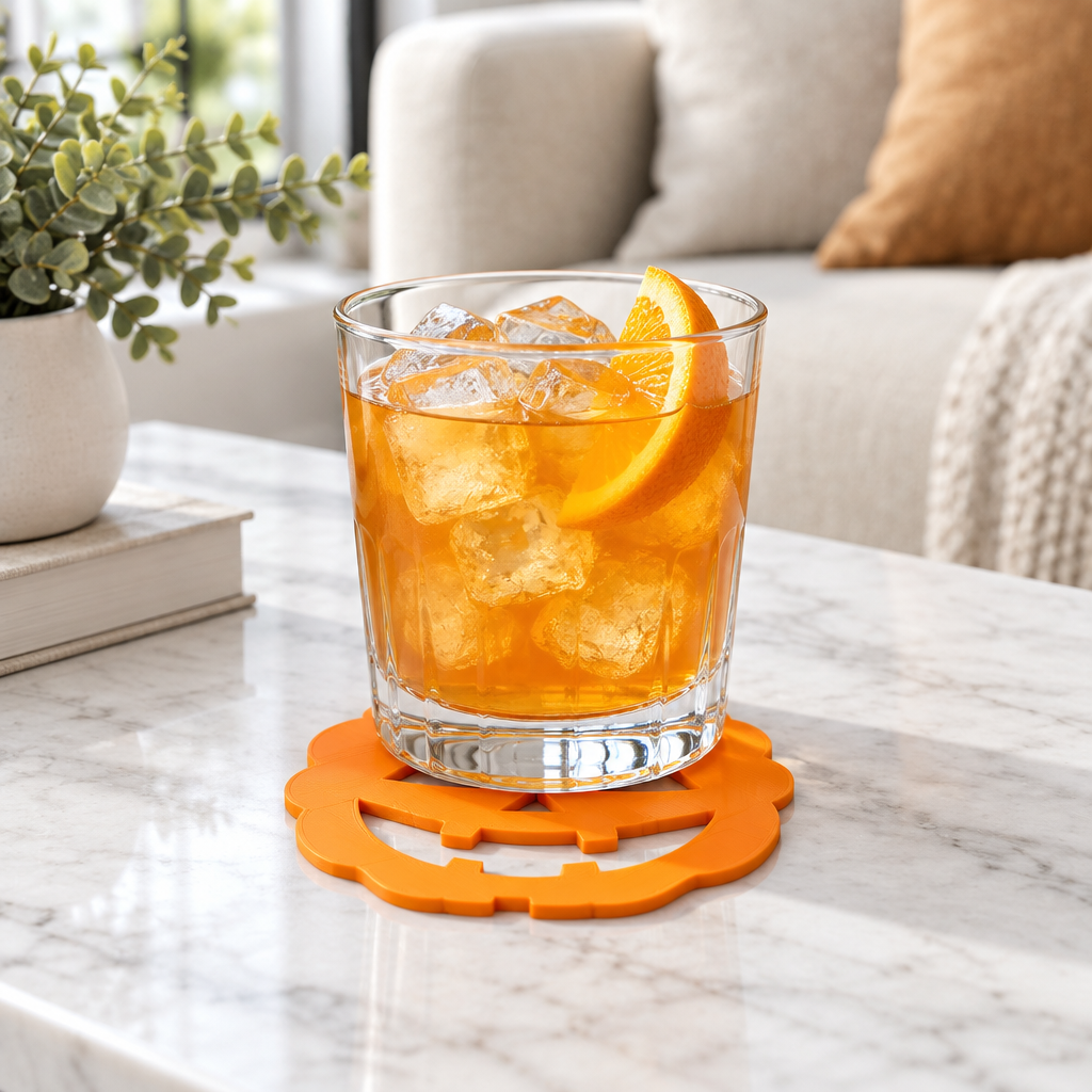 Orange pumpkin face coaster under a tumbler on a marble coffee table