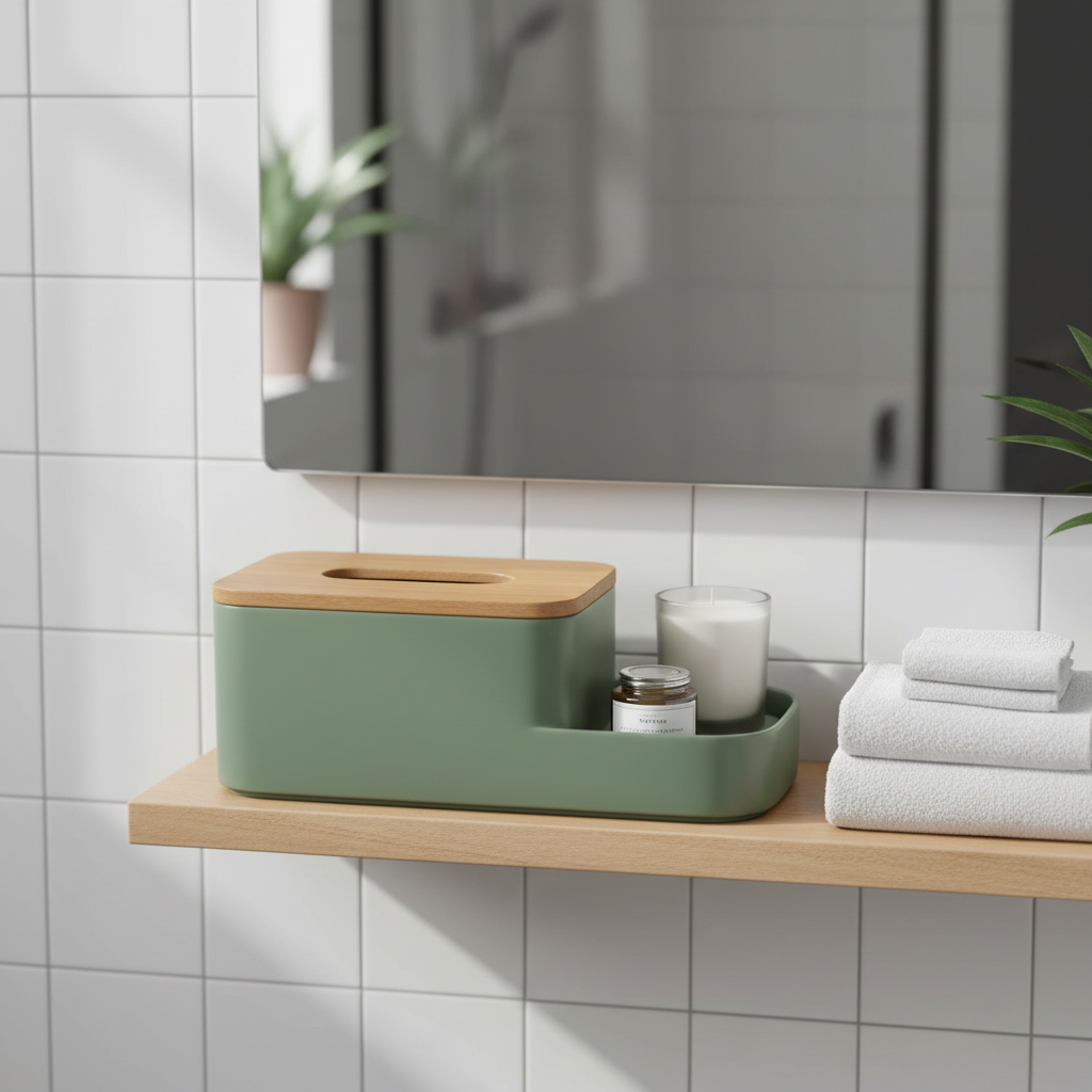 Tissue Box Organiser with Integrated Storage in green — on bathroom shelf with hand cream, candle and small towels, bright clean bathroom