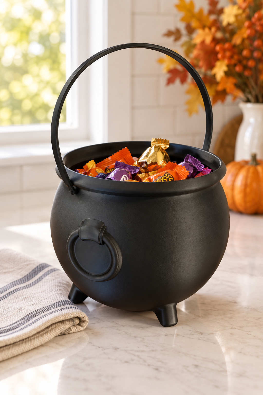 Black cauldron tray with wrapped sweets on a bright kitchen counter