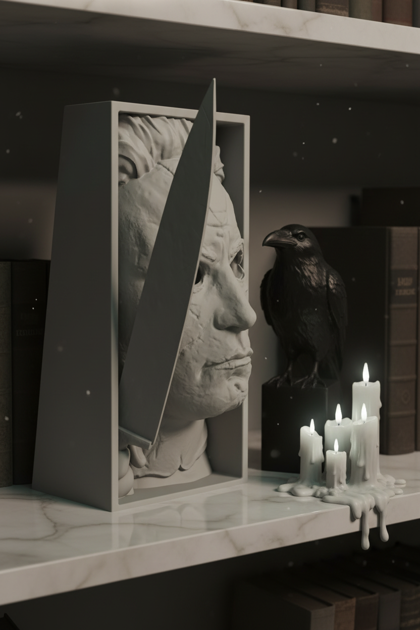 Jason Voorhees book nook relief sculpture white framed box pale marble shelf dark moody interior black raven sculpture melted taper candles ghostly atmospheric pale editorial portrait