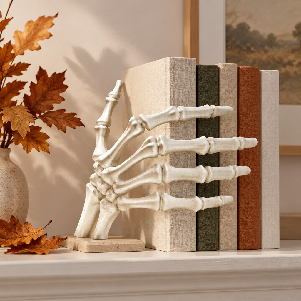 Skeleton hand bookstop on a mantel shelf