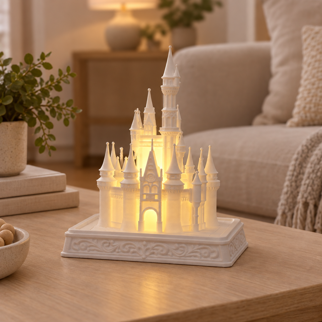 White castle tealight holder in a calm modern living-room coffee-table scene
