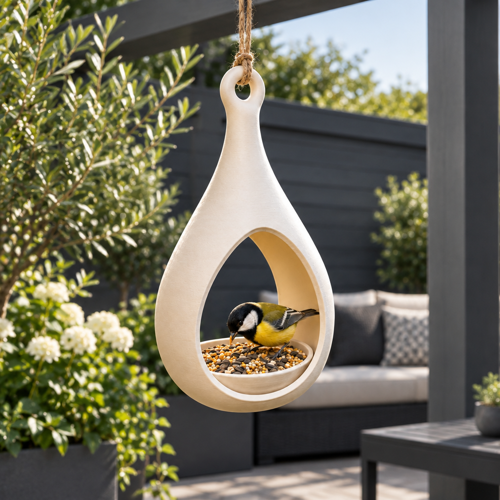 Elegant Drop bird feeder on a contemporary terrace