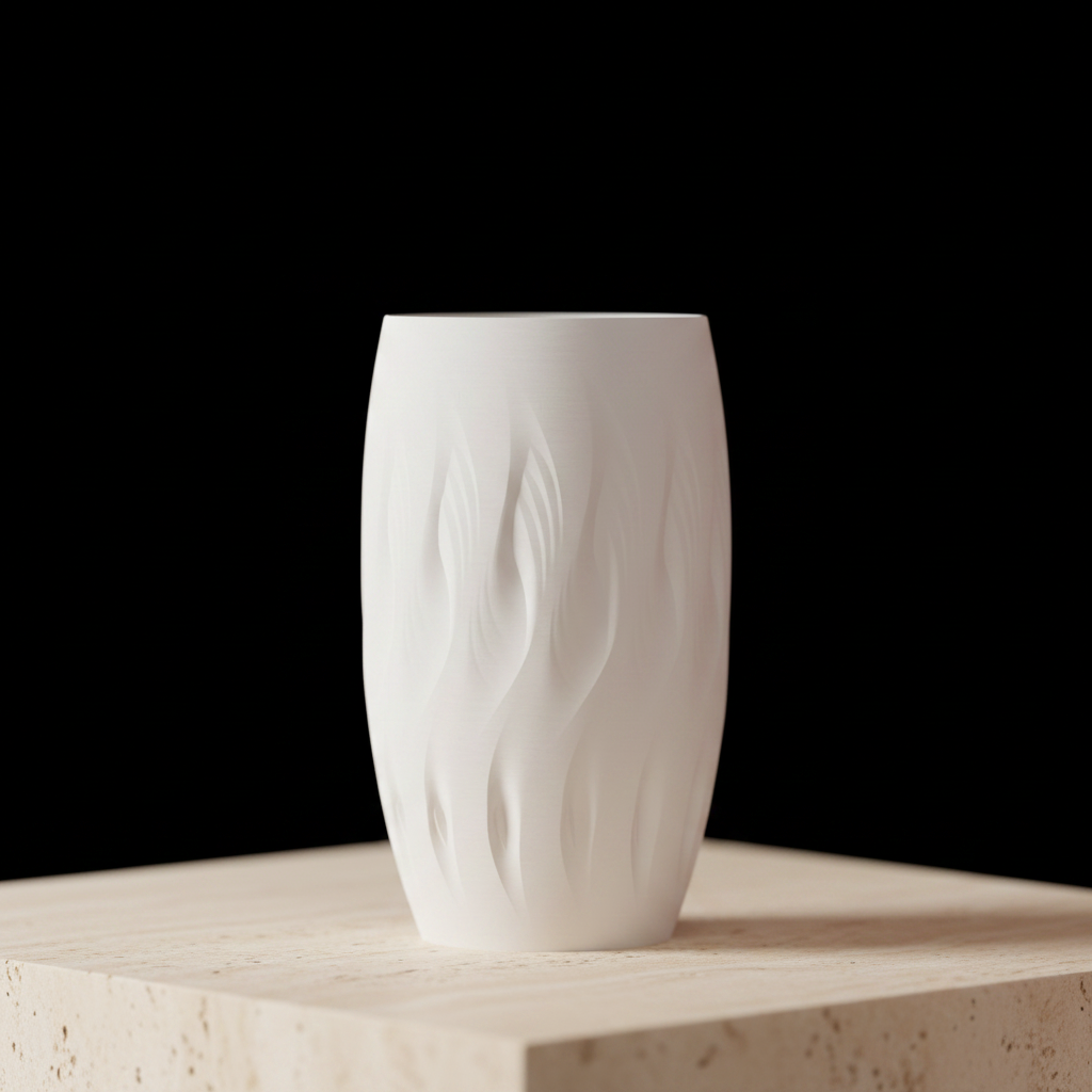 Stagger Twist Vase chalk white matte flowing flame-twist surface impressions macro close up pale travertine black studio background soft directional raking light every flowing flame impression organic surface contour precise sculptural shadow detail square editorial
