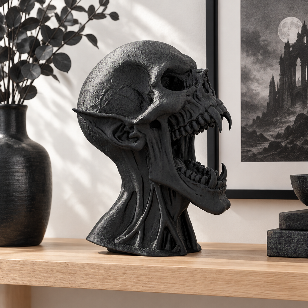 Black Vampire Skull in a tasteful Halloween tabletop display