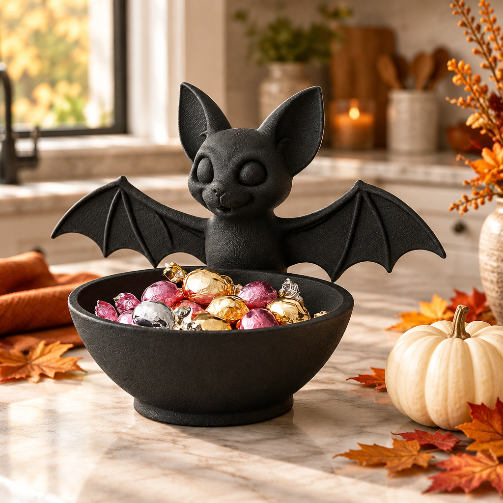 Black Bat Sweet Tray with wrapped chocolates on a kitchen island