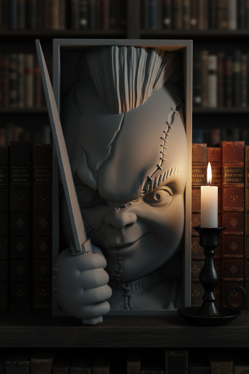 Chucky book nook relief sculpture grey framed box dark gothic library shelf antique hardcover books single candle raking side light long shadows doll face eerie atmospheric portrait